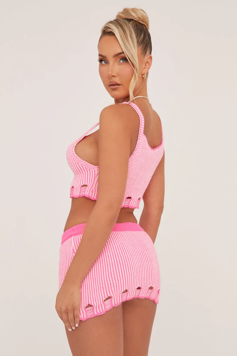 Pink Knit Laddering Effect Cropped Top & Mini Skirt Co-ord Set - Amelia