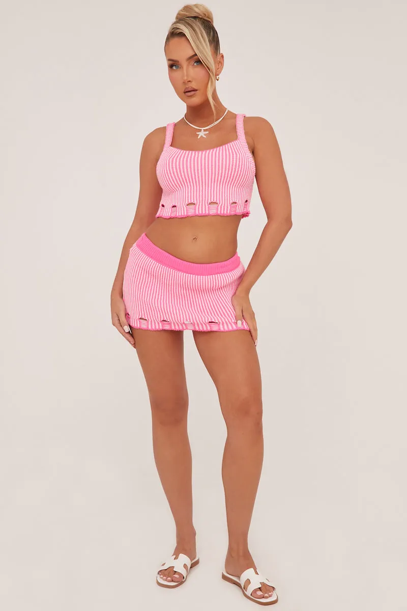 Pink Knit Laddering Effect Cropped Top & Mini Skirt Co-ord Set - Amelia