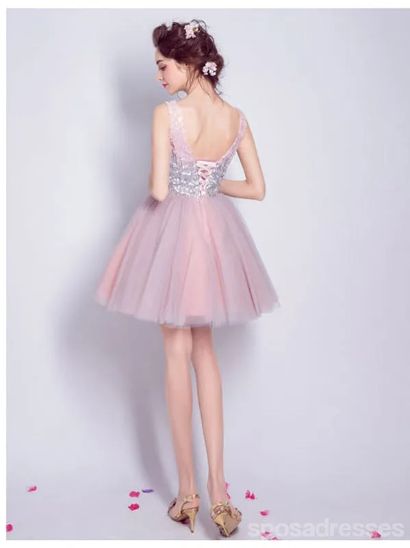 Pink V-neck Short Homecoming Dresses,Cheap Short Prom Dresses,CM925