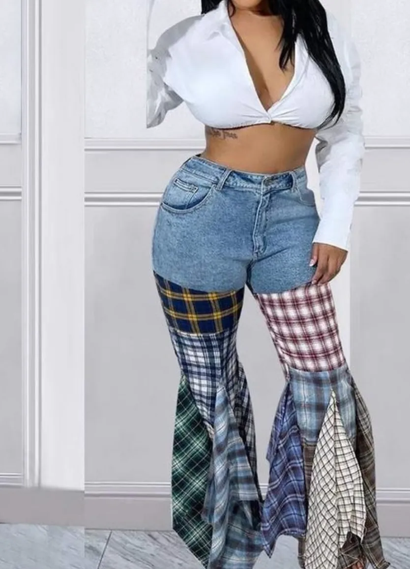 Plaid Bell Bottom Jeans