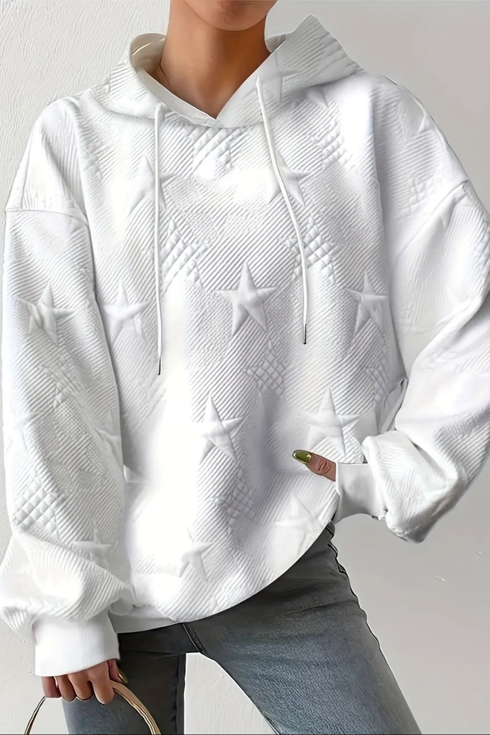 Plus Size Star Texture Long Sleeve Drawstring Hoodie