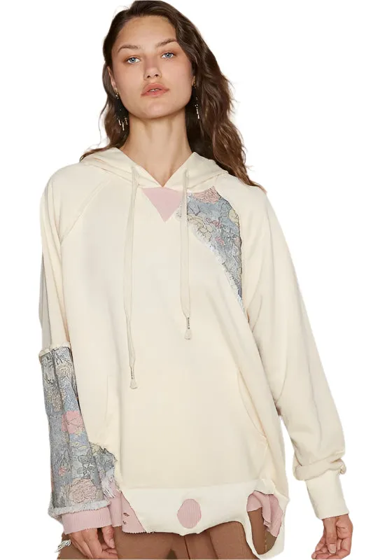 POL Floral Patchwork Distressed Drawstring Hoodie