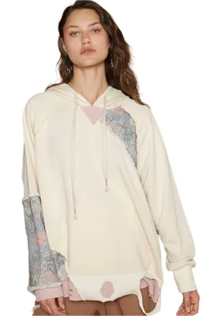 POL Floral Patchwork Distressed Drawstring Hoodie