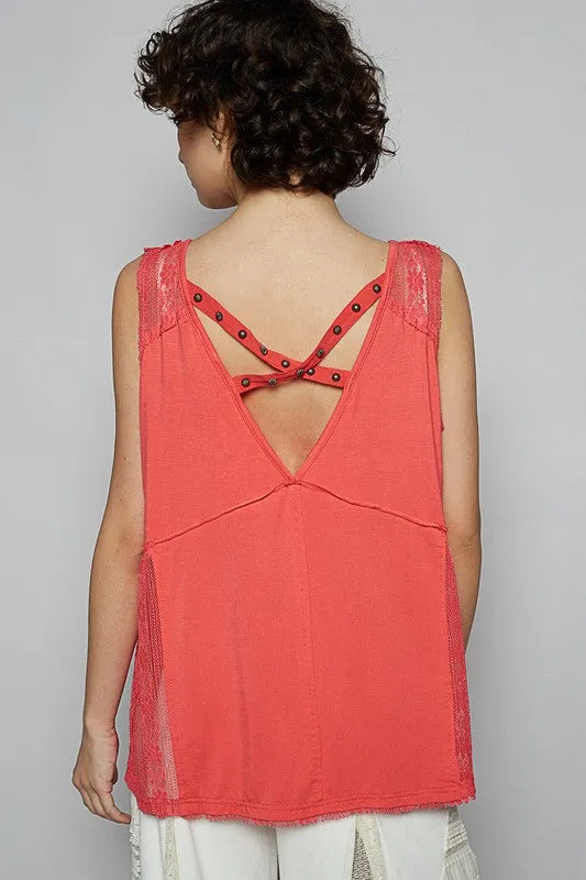 POL Lace Detail Studded Crisscross Back V-Neck Sleeveless Top
