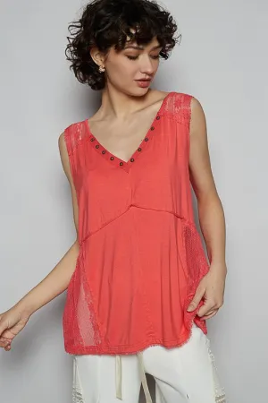POL Lace Detail Studded Crisscross Back V-Neck Sleeveless Top