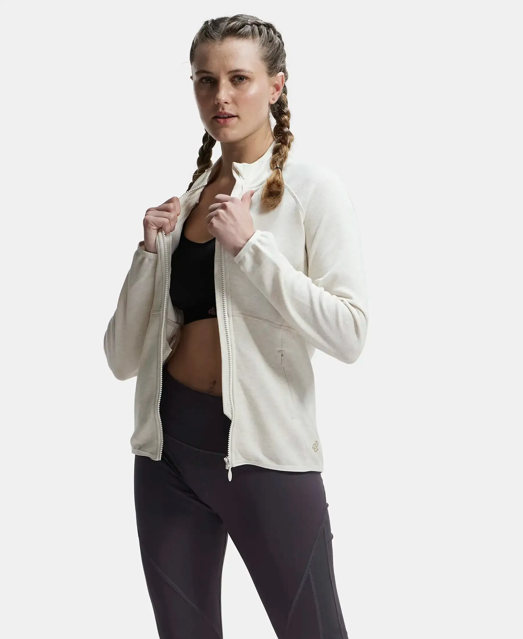 Polyester Cotton Interlock Slim Fit Full Zip High Neck Jacket with Convenient Zipper Pockets - Cream Melange