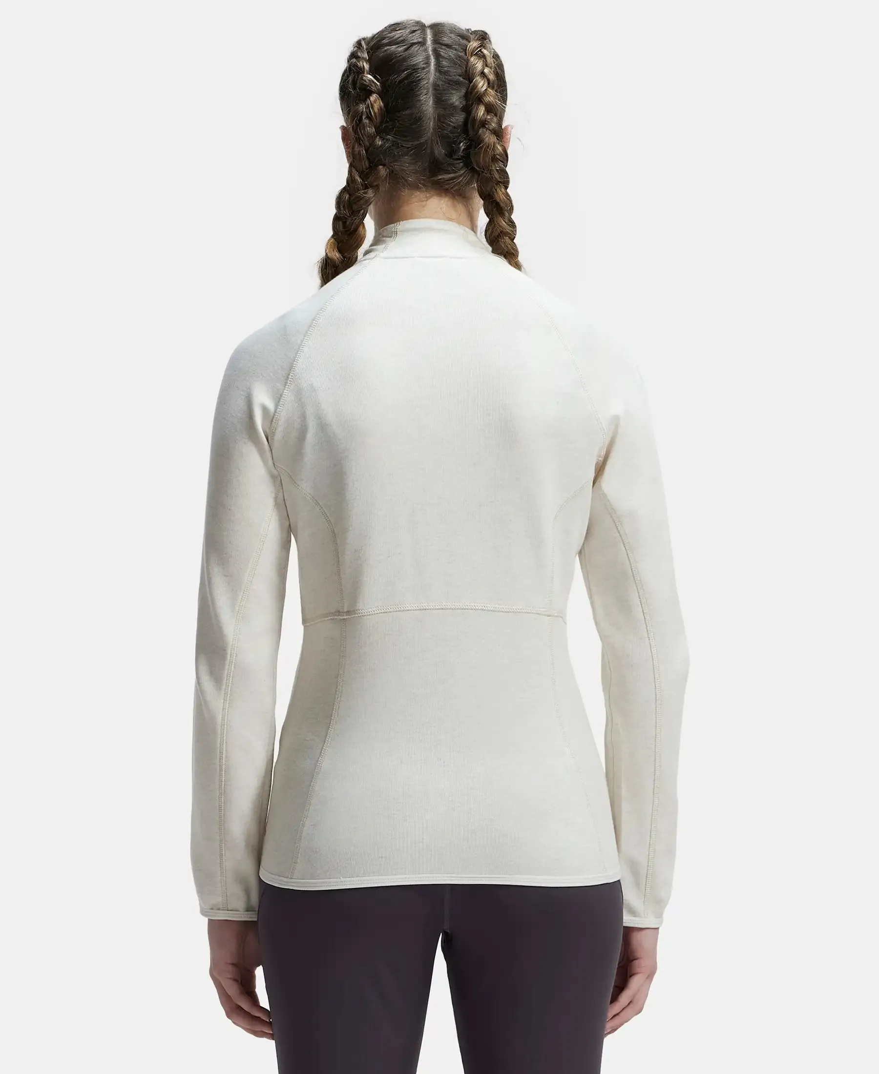 Polyester Cotton Interlock Slim Fit Full Zip High Neck Jacket with Convenient Zipper Pockets - Cream Melange