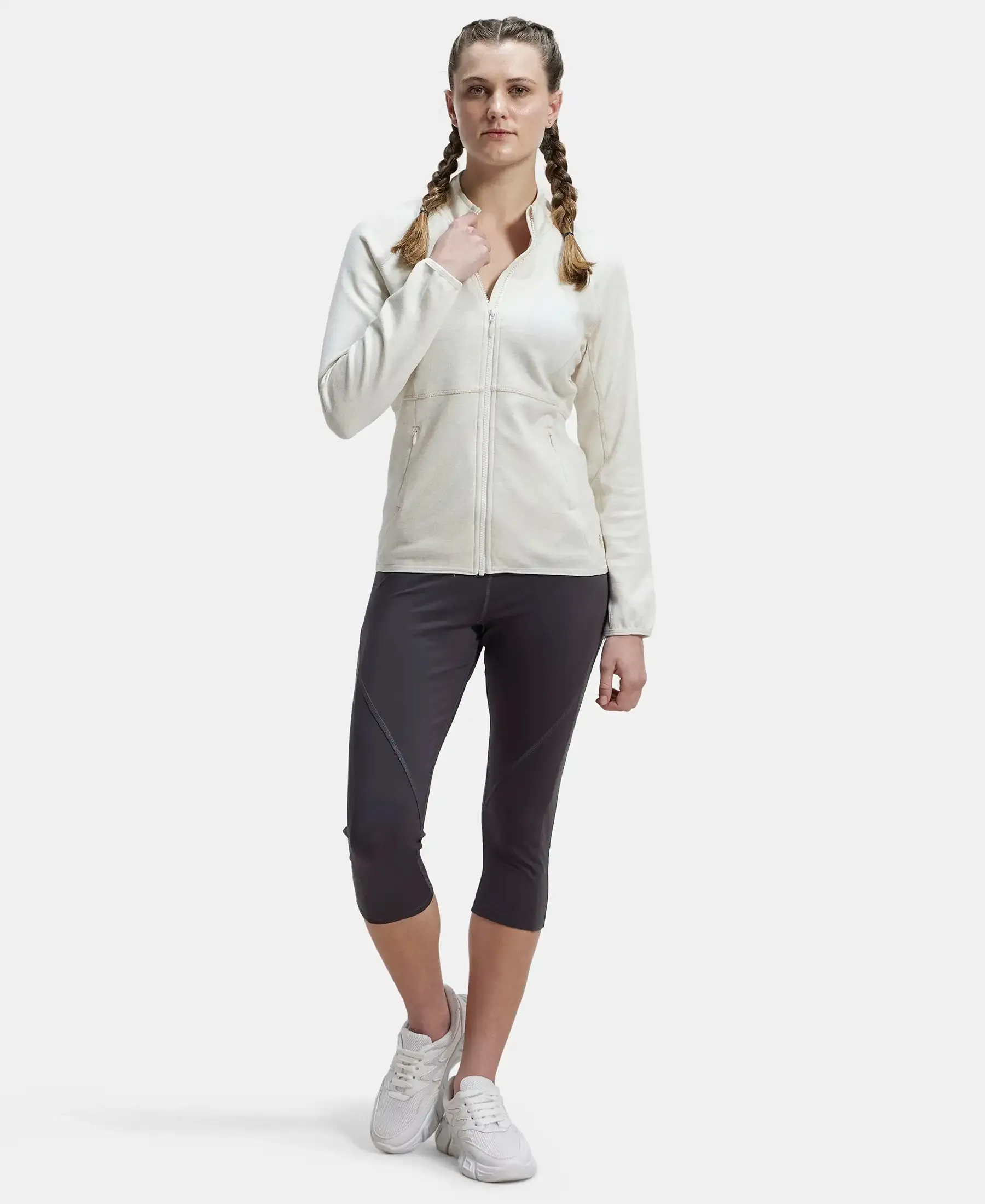 Polyester Cotton Interlock Slim Fit Full Zip High Neck Jacket with Convenient Zipper Pockets - Cream Melange