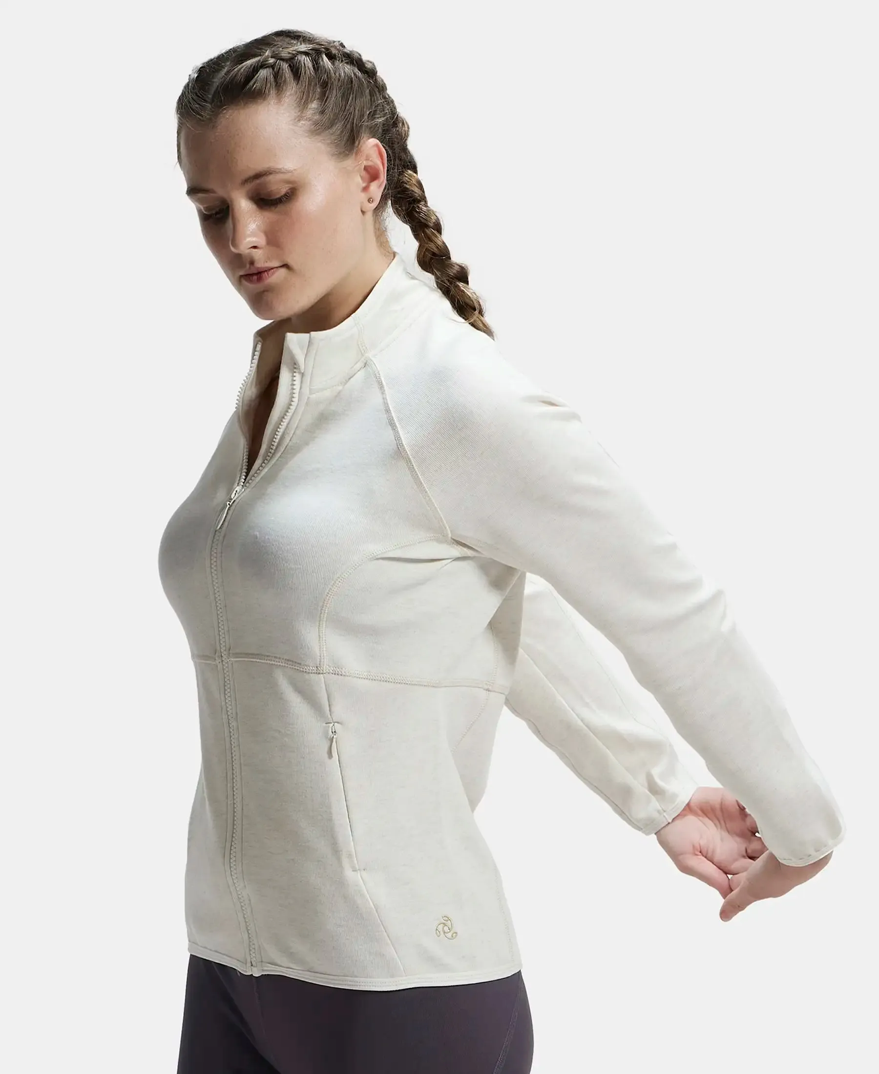 Polyester Cotton Interlock Slim Fit Full Zip High Neck Jacket with Convenient Zipper Pockets - Cream Melange