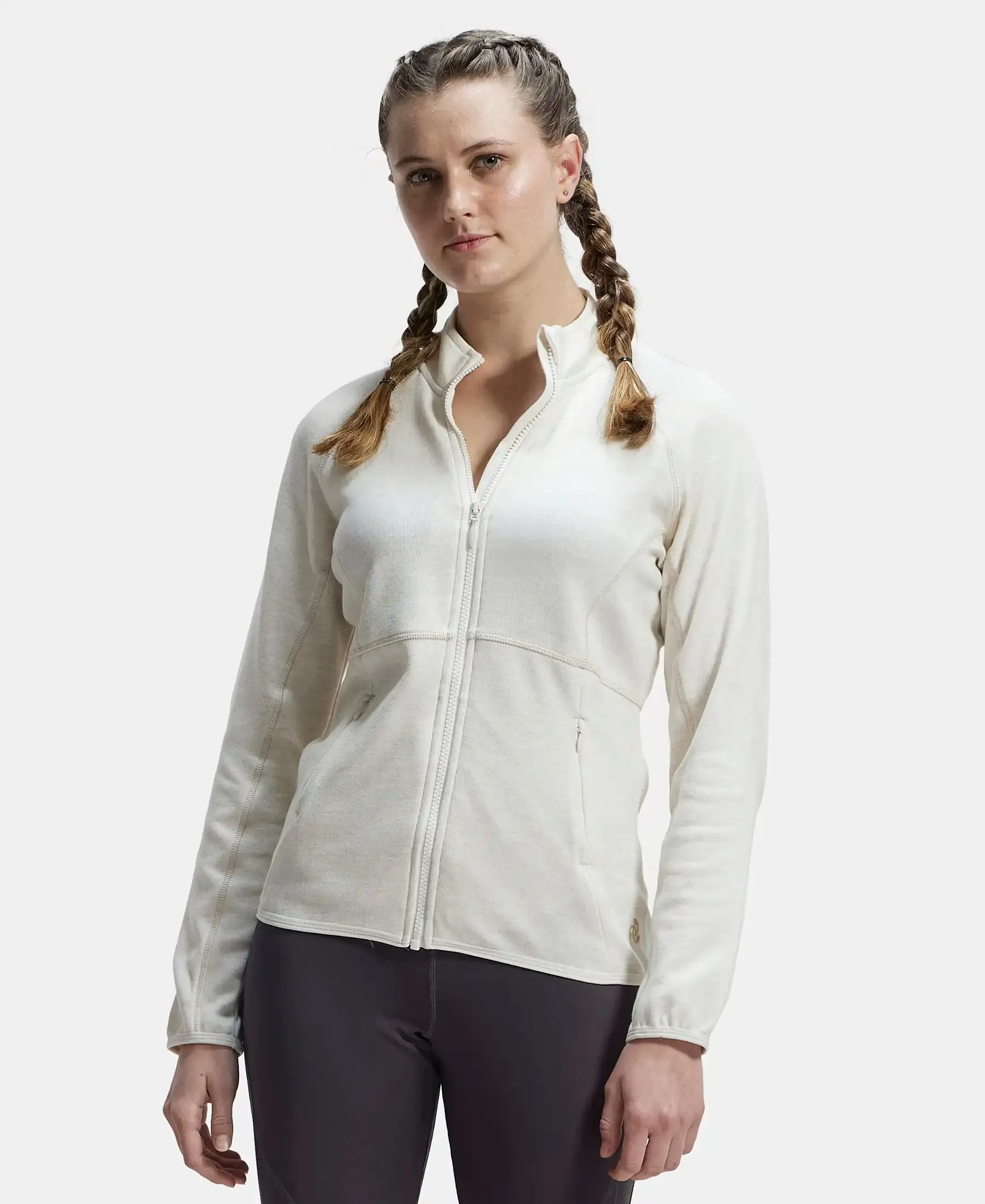 Polyester Cotton Interlock Slim Fit Full Zip High Neck Jacket with Convenient Zipper Pockets - Cream Melange