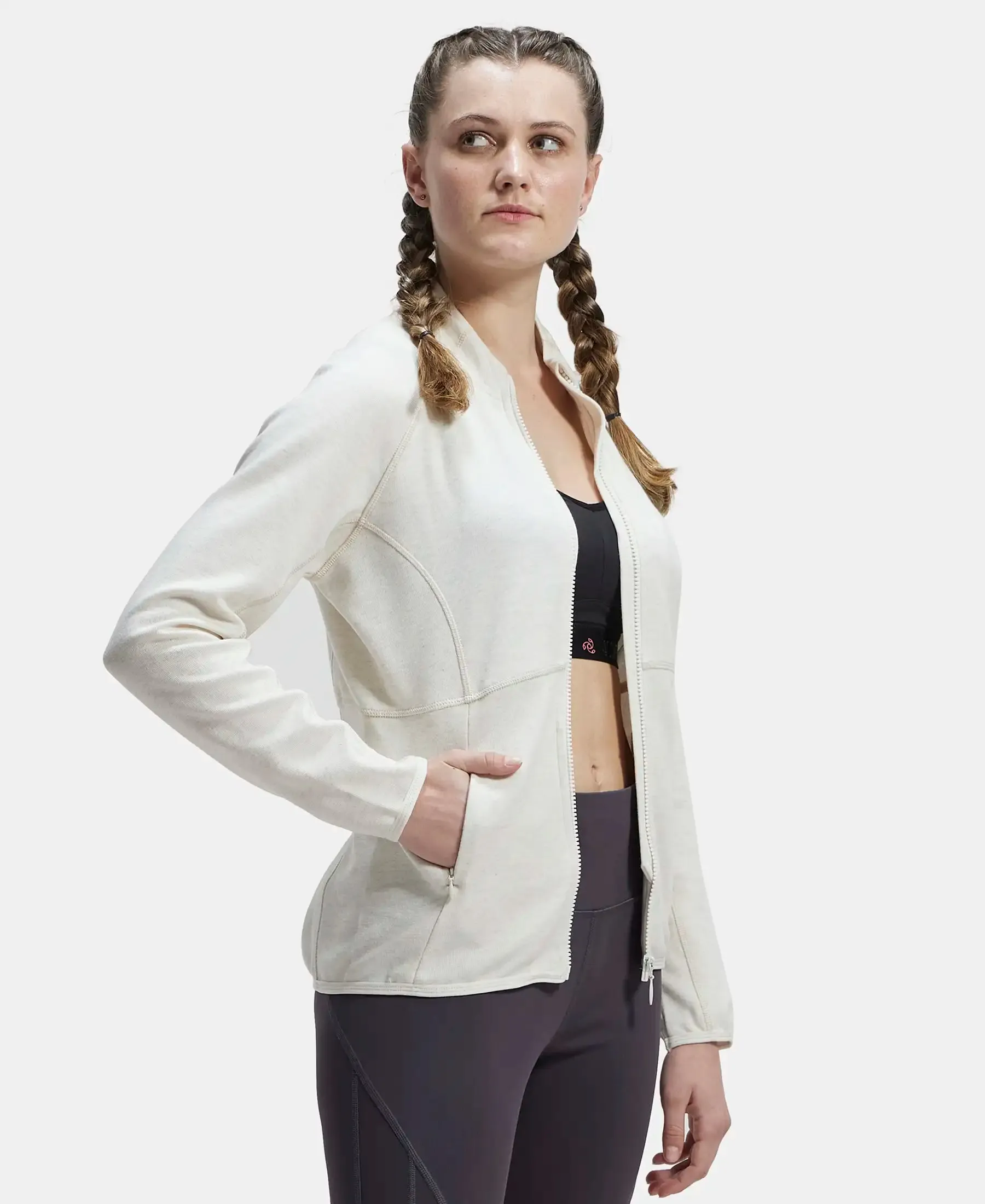 Polyester Cotton Interlock Slim Fit Full Zip High Neck Jacket with Convenient Zipper Pockets - Cream Melange