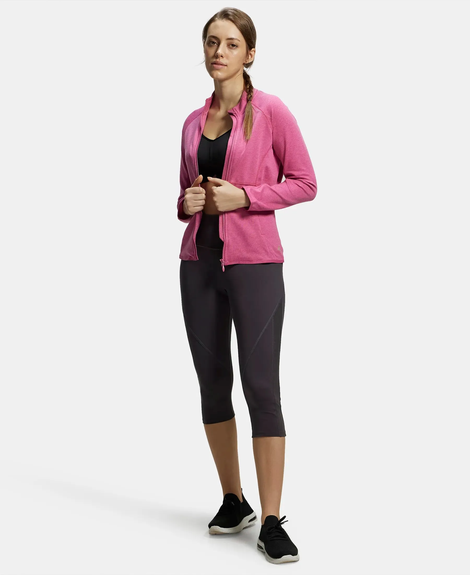 Polyester Cotton Interlock Slim Fit Full Zip High Neck Jacket with Convenient Zipper Pockets - Ibis Rose Melange