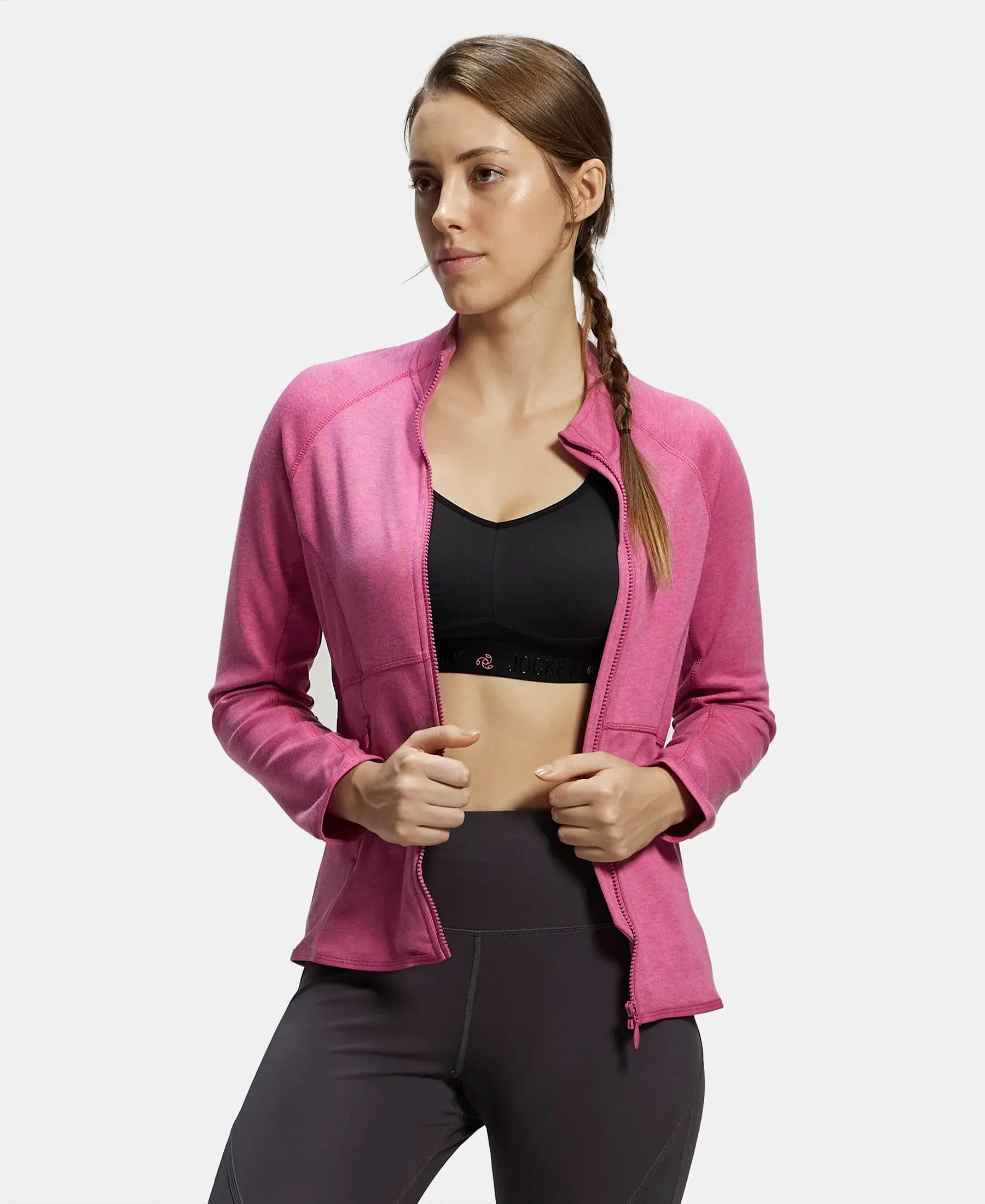 Polyester Cotton Interlock Slim Fit Full Zip High Neck Jacket with Convenient Zipper Pockets - Ibis Rose Melange