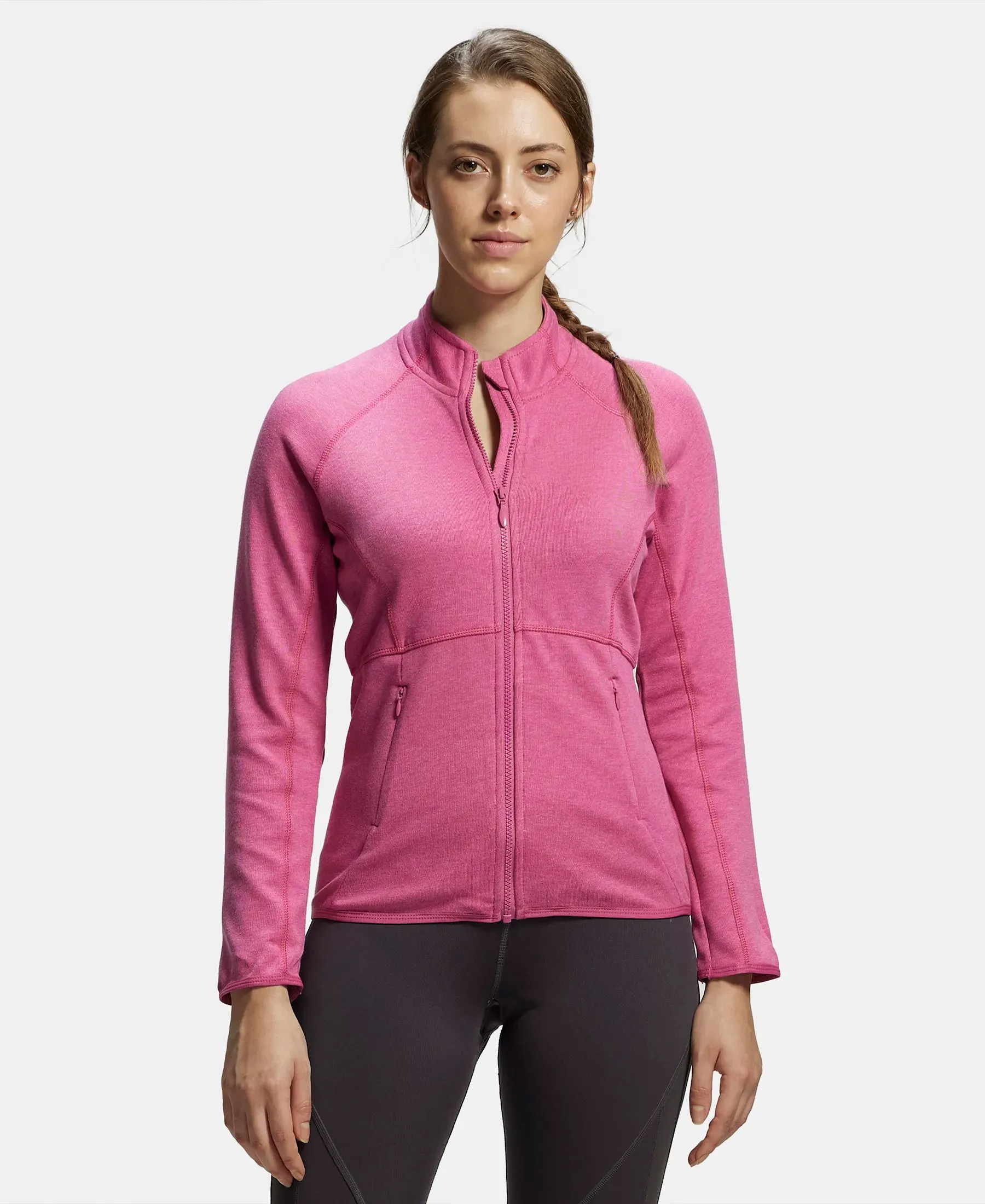Polyester Cotton Interlock Slim Fit Full Zip High Neck Jacket with Convenient Zipper Pockets - Ibis Rose Melange