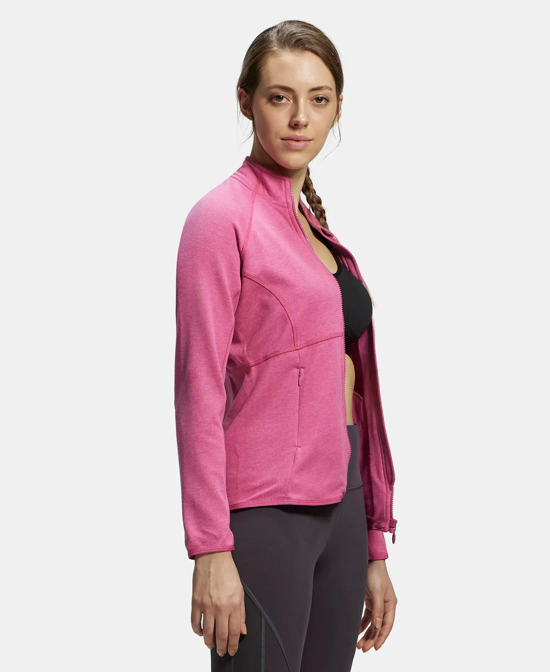 Polyester Cotton Interlock Slim Fit Full Zip High Neck Jacket with Convenient Zipper Pockets - Ibis Rose Melange