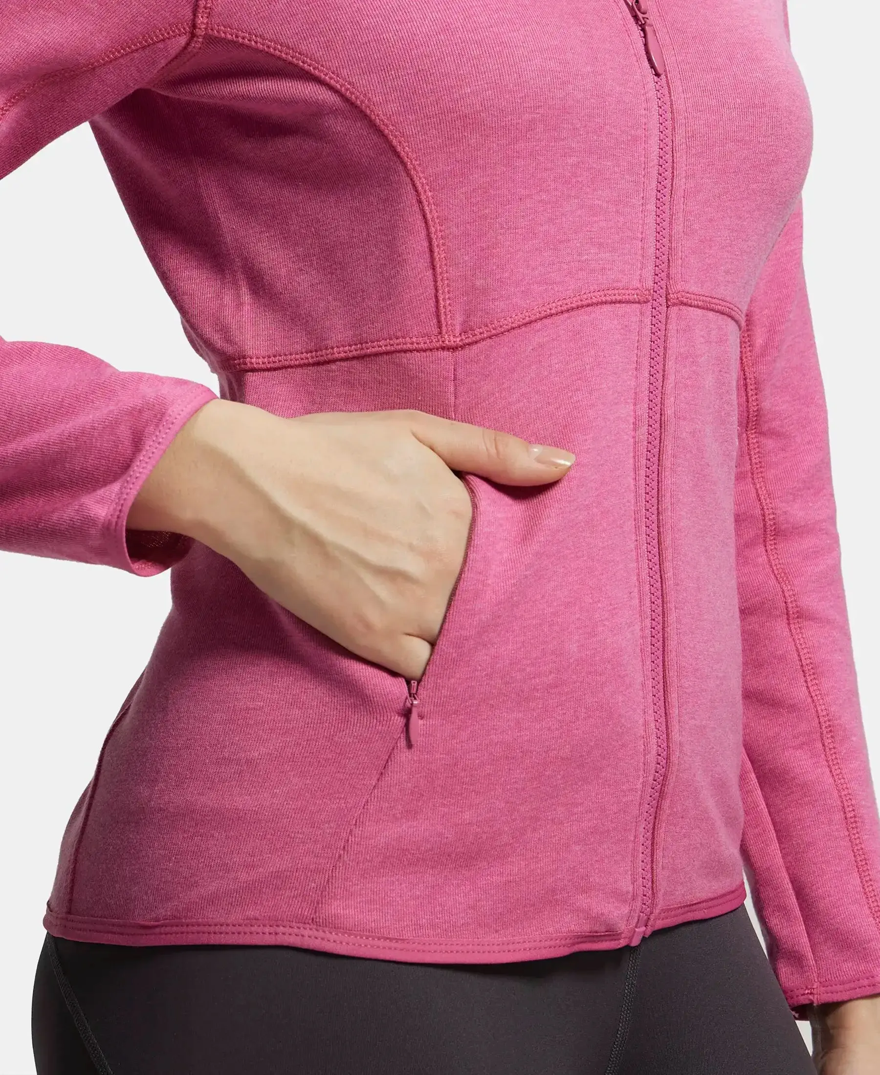 Polyester Cotton Interlock Slim Fit Full Zip High Neck Jacket with Convenient Zipper Pockets - Ibis Rose Melange