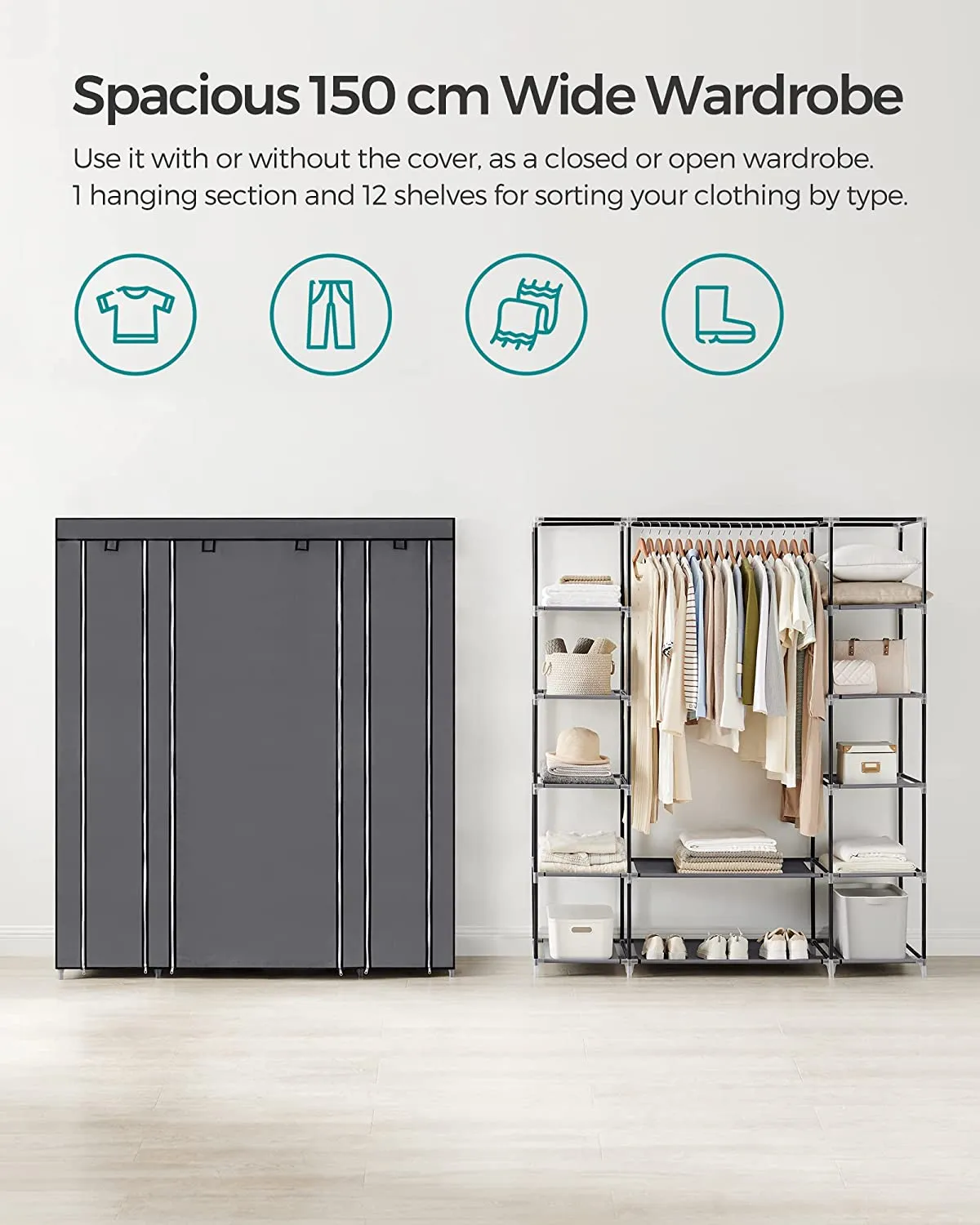 Portable Wardrobe Clothes Storage Organizer (Grey)