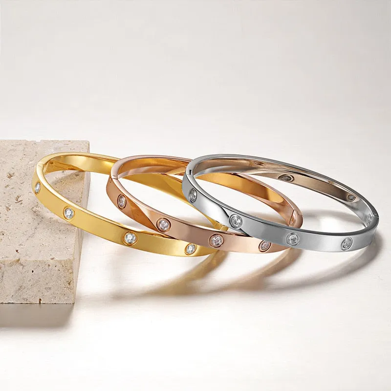 Premium Quality 14K Gold Plated Filled Bangle Bracelet with Cubic Zircon Stones Simulated Diamond Bangle