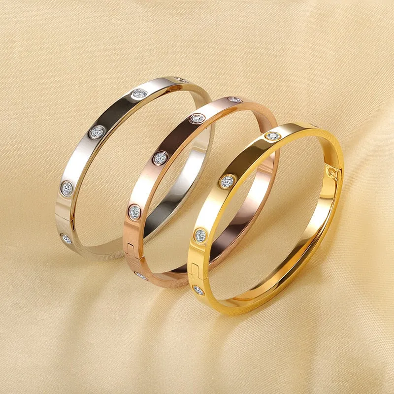 Premium Quality 14K Gold Plated Filled Bangle Bracelet with Cubic Zircon Stones Simulated Diamond Bangle
