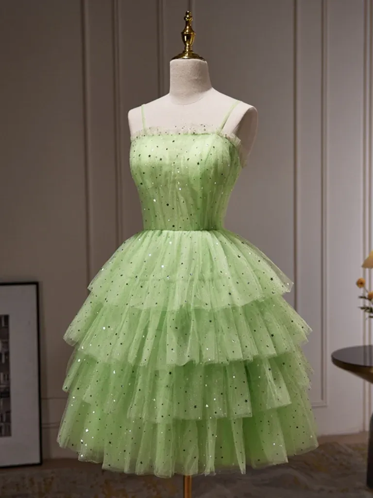 Princess Layered Green Short Tulle Prom Dresses with Sequins, Short Green Formal Graduation Evening Dresses ，Layered Green Homecoming Dresses