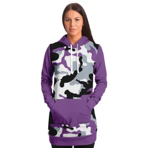 Purple Camouflage Longline Hoodie Dress With Solid Purple Sleeves, Pocket and Hood