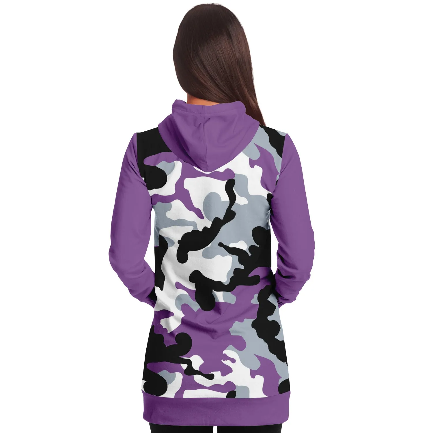 Purple Camouflage Longline Hoodie Dress With Solid Purple Sleeves, Pocket and Hood