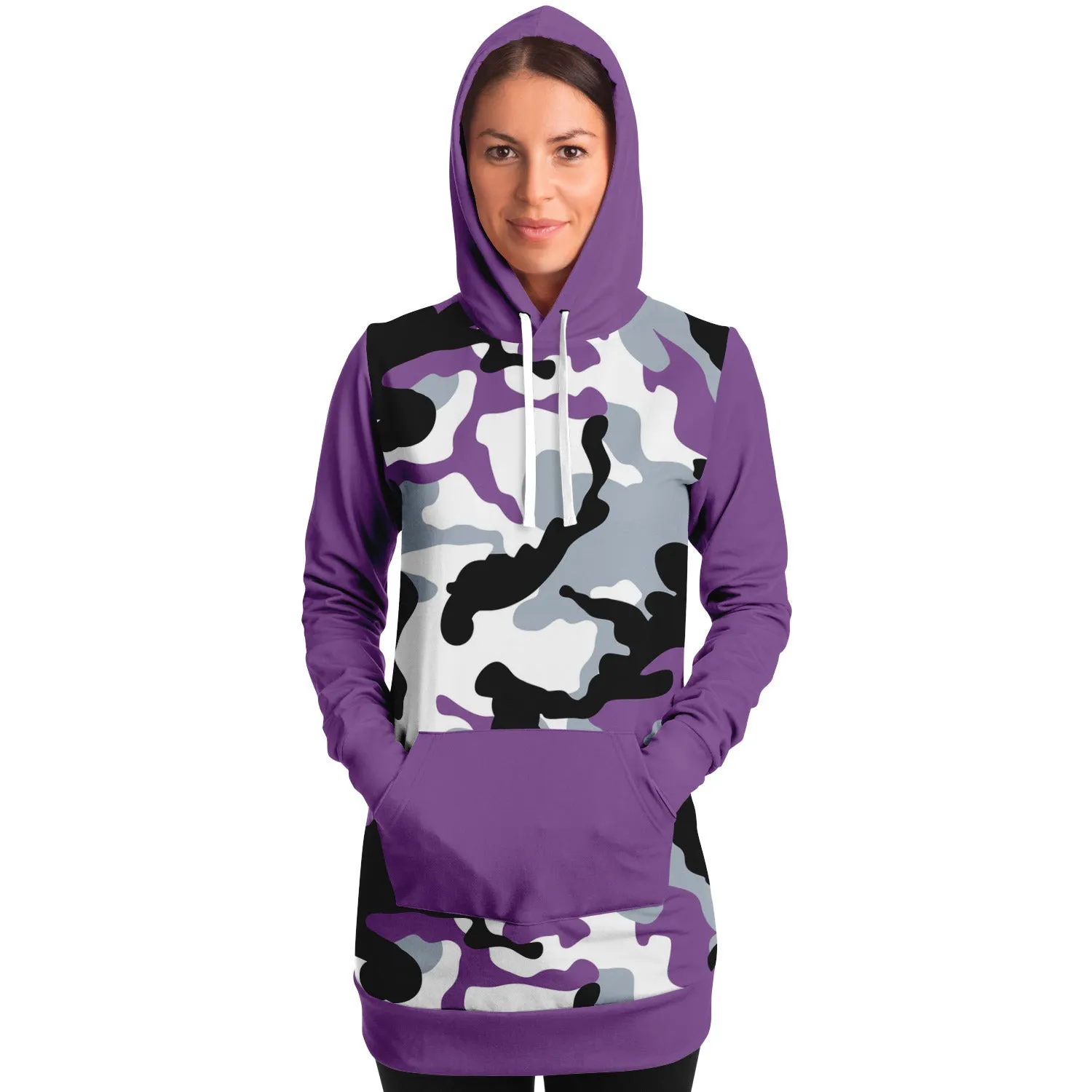 Purple Camouflage Longline Hoodie Dress With Solid Purple Sleeves, Pocket and Hood