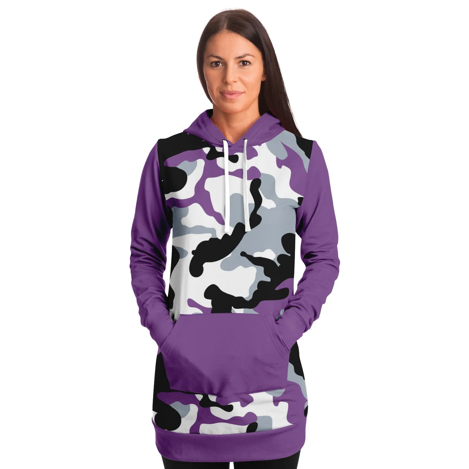 Purple Camouflage Longline Hoodie Dress With Solid Purple Sleeves, Pocket and Hood