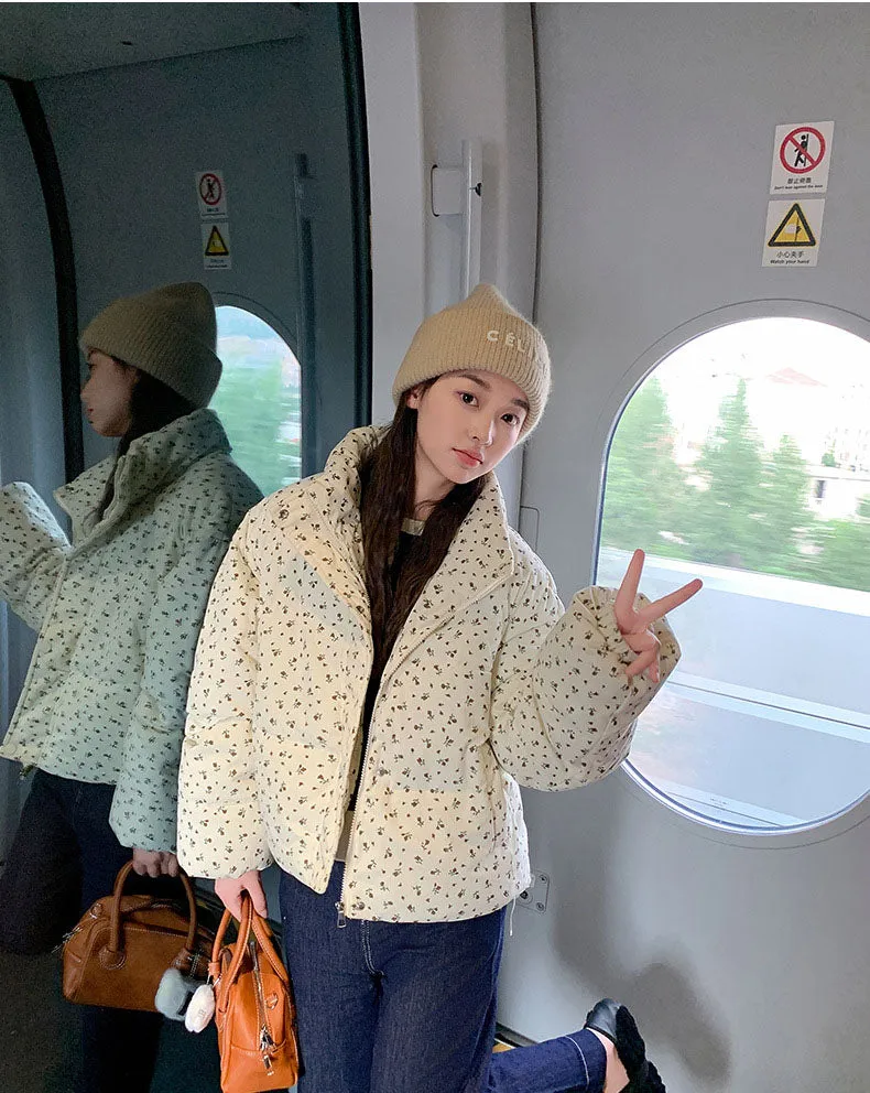 Quilted Windproof Cropped Puffer Jacket for Women