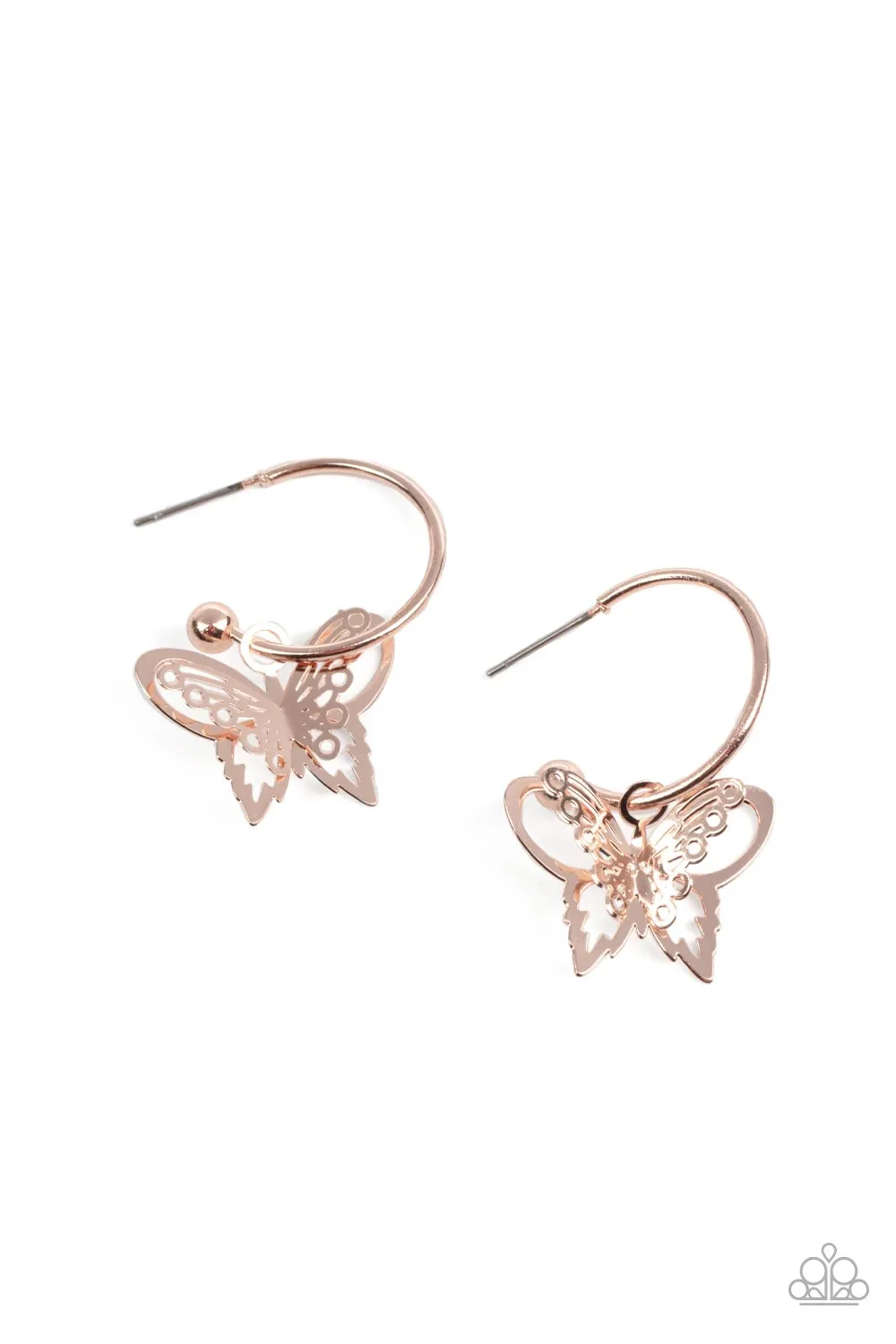 "Butterfly Freestyle" Rose Gold Metal & 3D Butterfly Hoop Post Earrings
