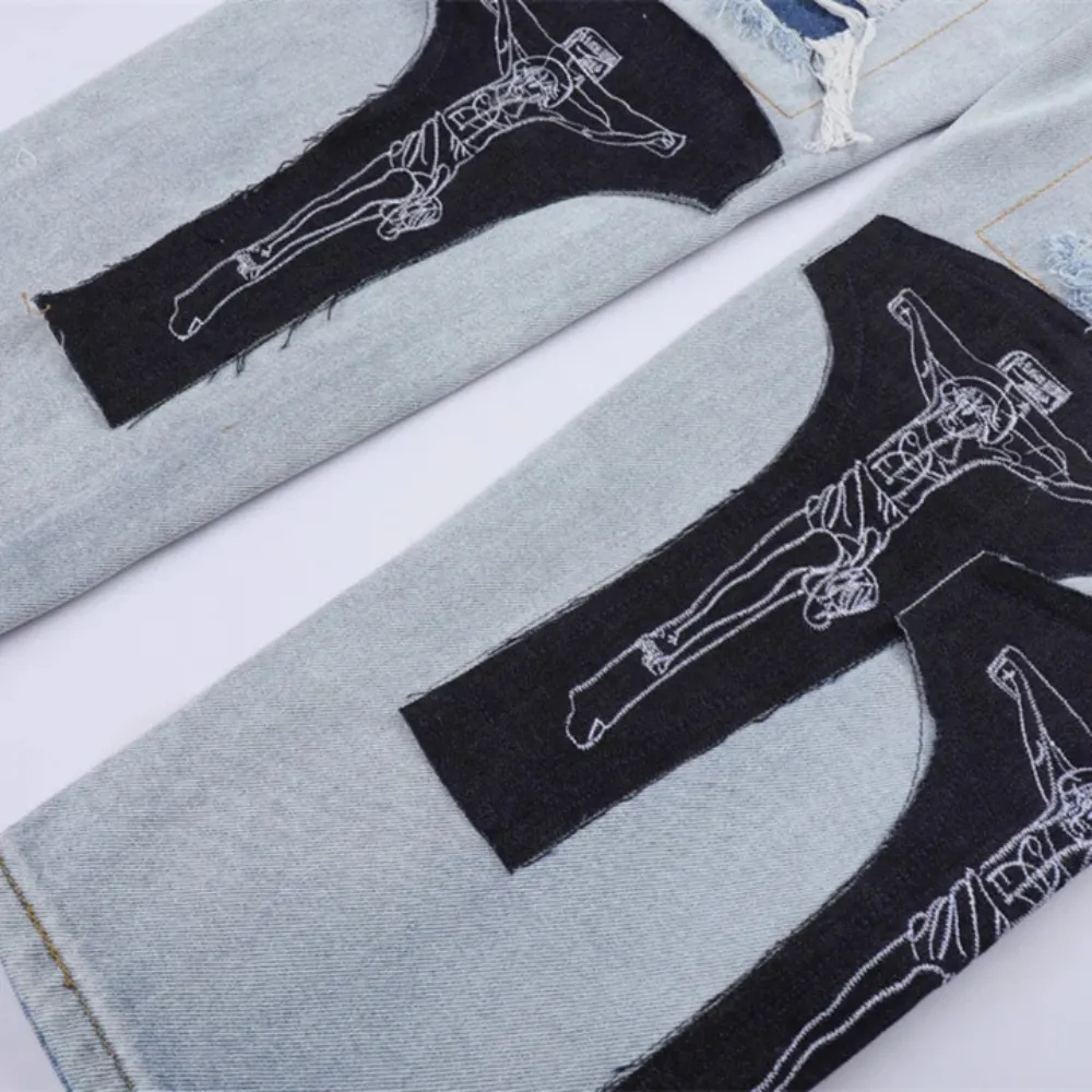 "High Street Ripped Patch Straight" Jeans