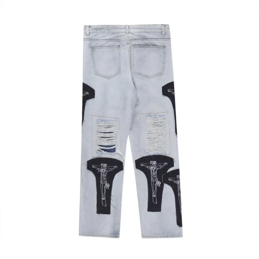 "High Street Ripped Patch Straight" Jeans