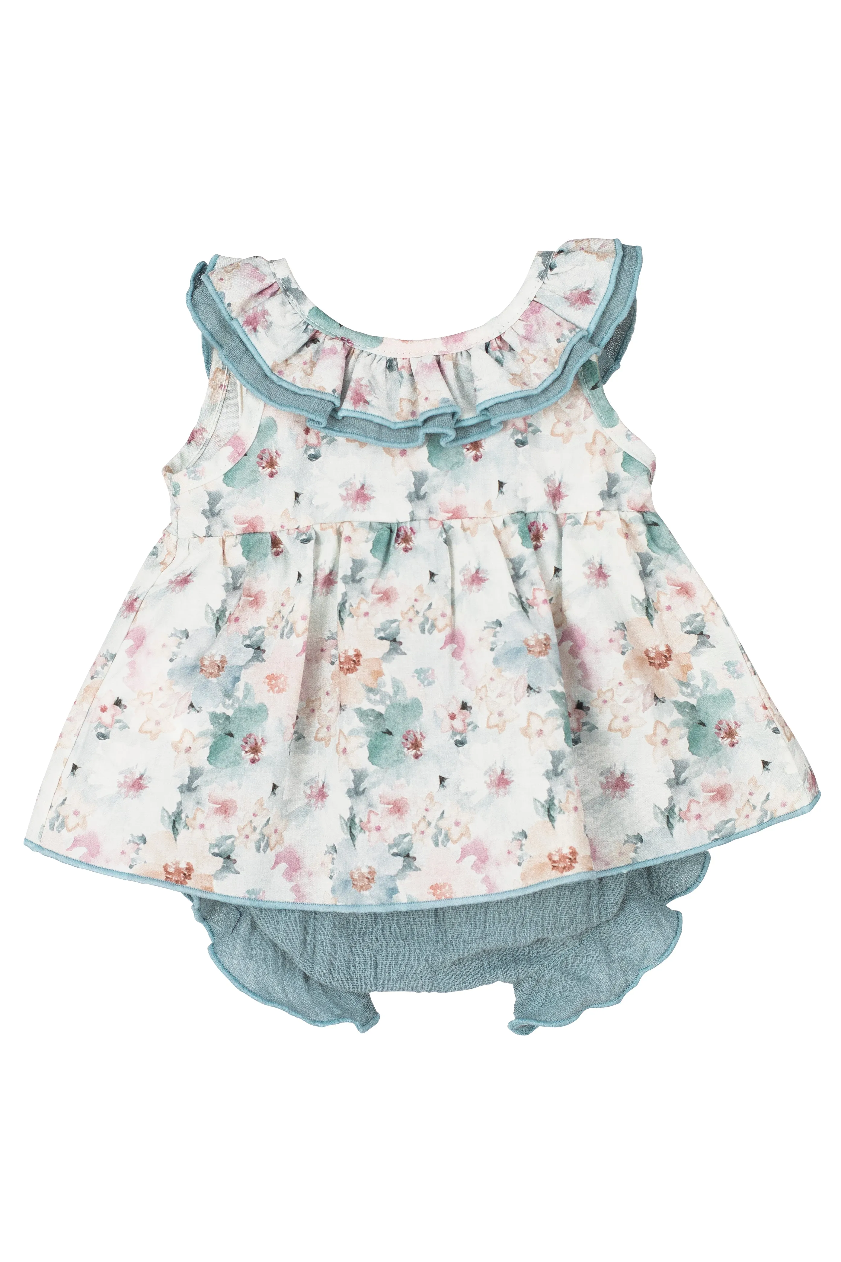 "Nancy" Dusky Blue Floral Dress & Bloomers