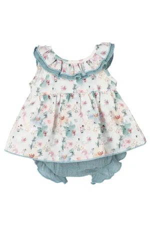 "Nancy" Dusky Blue Floral Dress & Bloomers