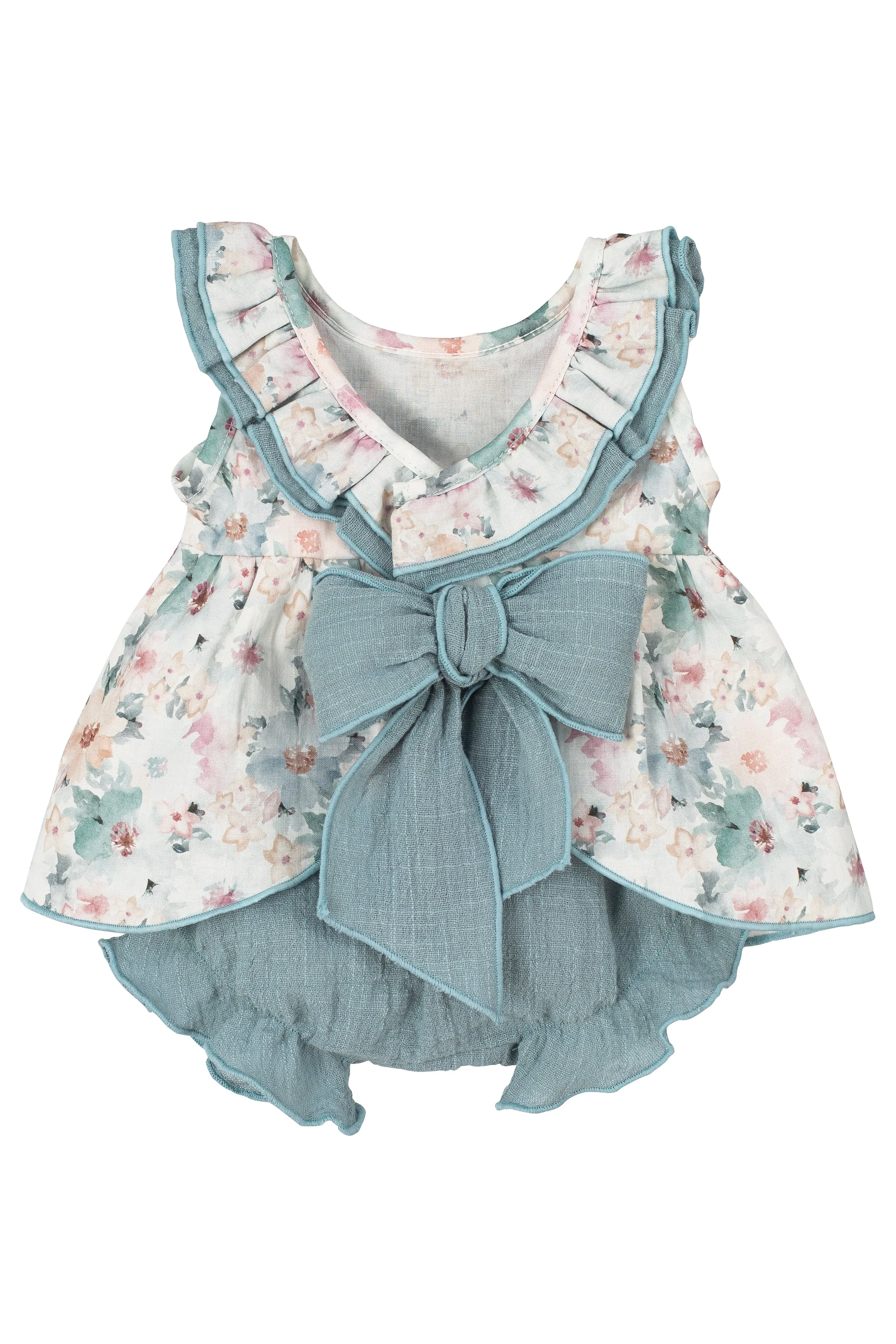 "Nancy" Dusky Blue Floral Dress & Bloomers