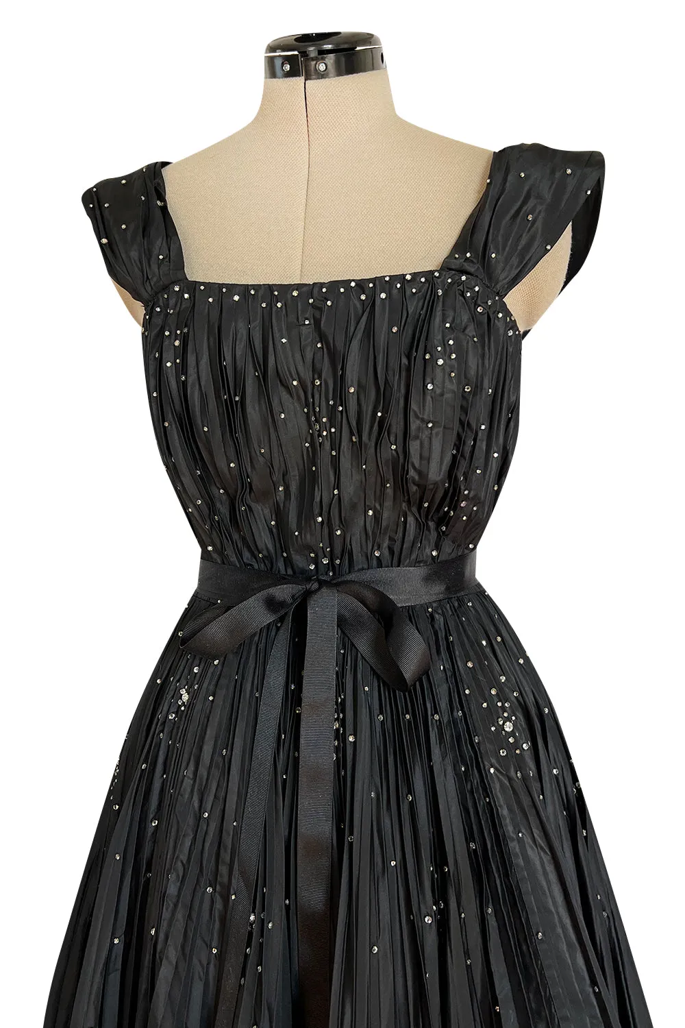 Rare 1961 Norman Hartnell Couture Black Silk Taffeta Dress w Crystal Detailing