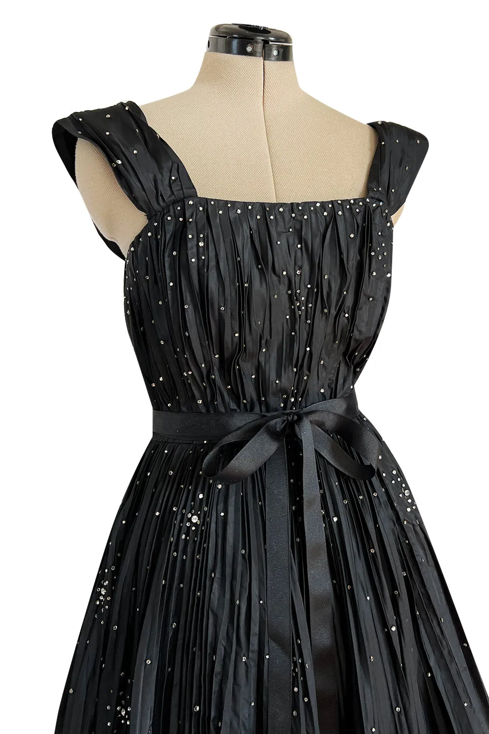 Rare 1961 Norman Hartnell Couture Black Silk Taffeta Dress w Crystal Detailing
