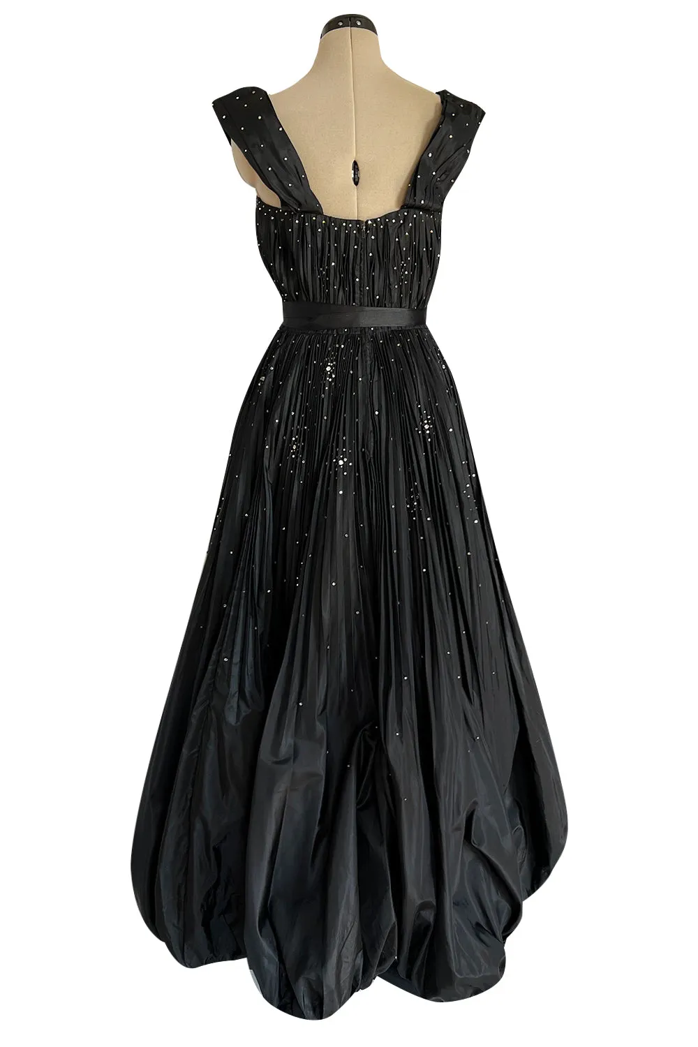 Rare 1961 Norman Hartnell Couture Black Silk Taffeta Dress w Crystal Detailing