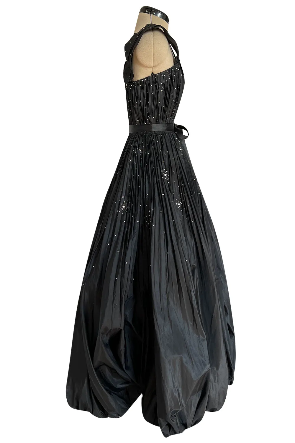 Rare 1961 Norman Hartnell Couture Black Silk Taffeta Dress w Crystal Detailing