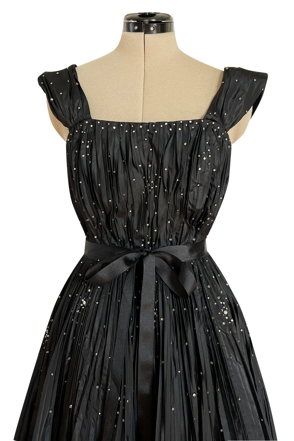 Rare 1961 Norman Hartnell Couture Black Silk Taffeta Dress w Crystal Detailing