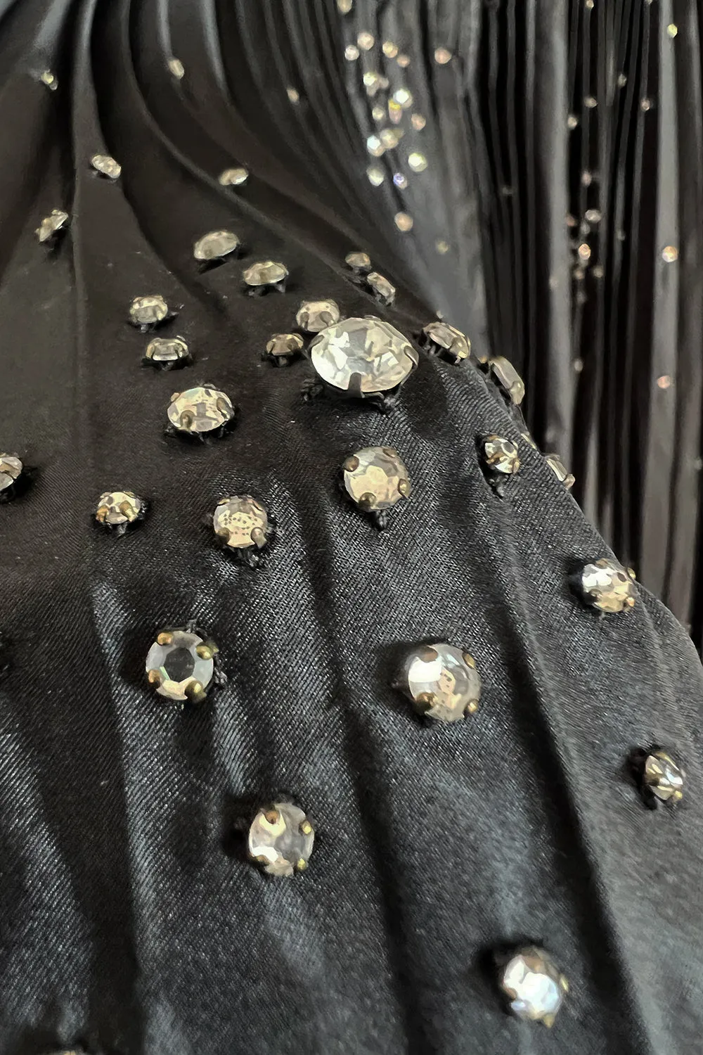 Rare 1961 Norman Hartnell Couture Black Silk Taffeta Dress w Crystal Detailing