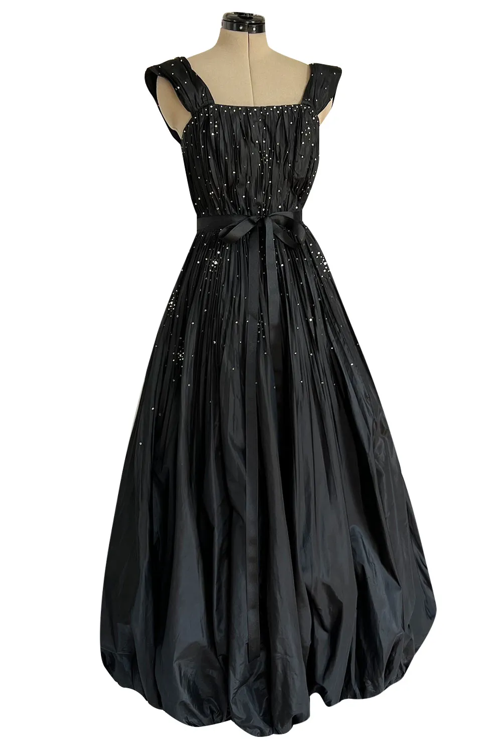 Rare 1961 Norman Hartnell Couture Black Silk Taffeta Dress w Crystal Detailing
