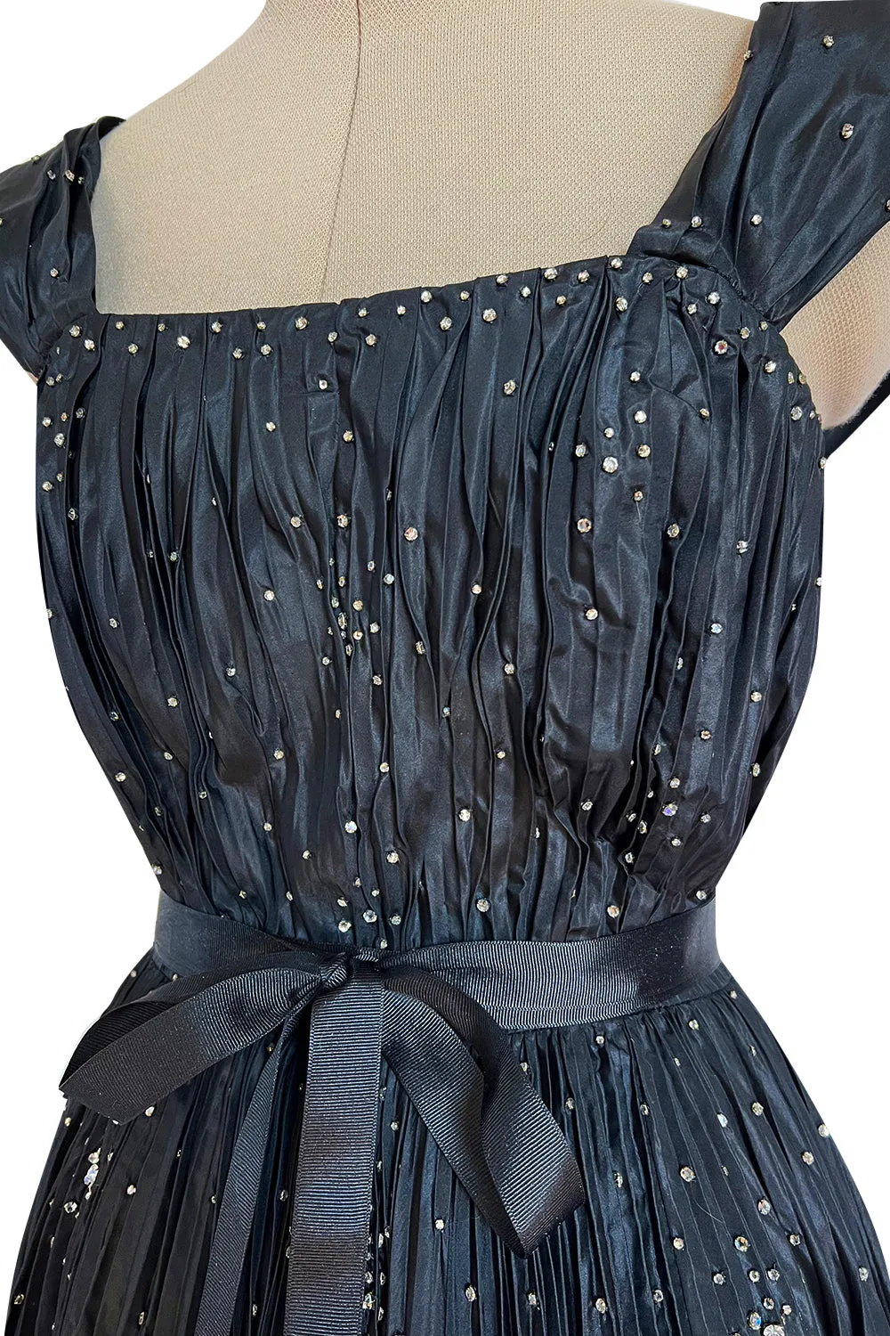 Rare 1961 Norman Hartnell Couture Black Silk Taffeta Dress w Crystal Detailing