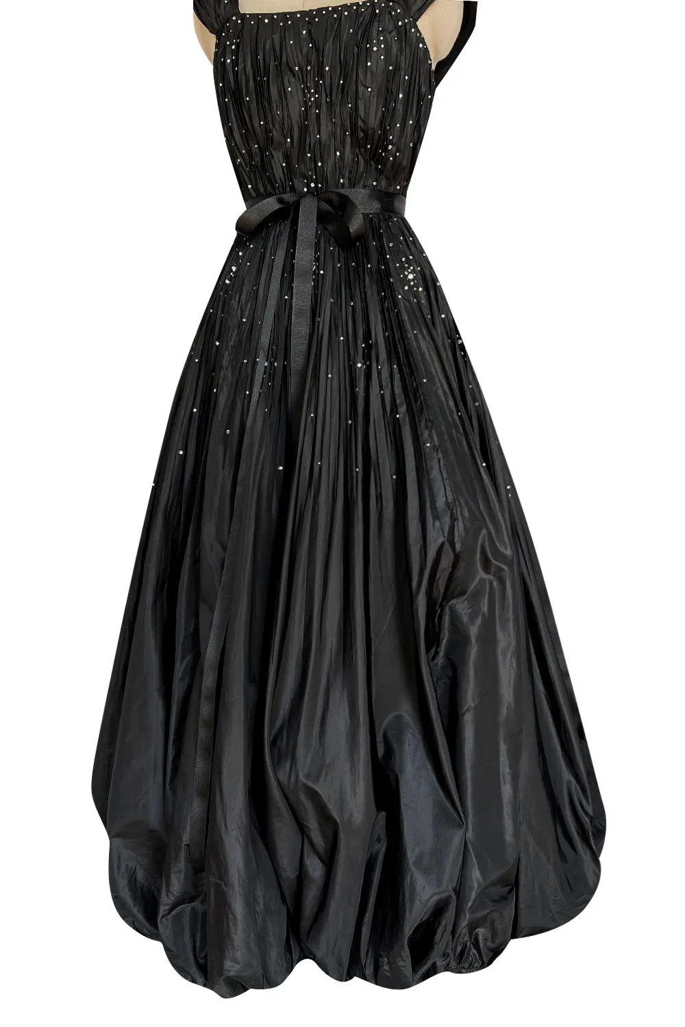 Rare 1961 Norman Hartnell Couture Black Silk Taffeta Dress w Crystal Detailing