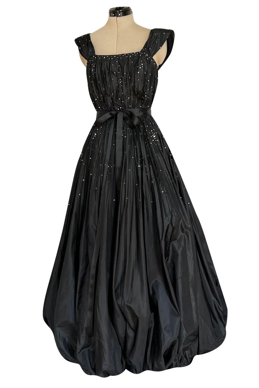 Rare 1961 Norman Hartnell Couture Black Silk Taffeta Dress w Crystal Detailing