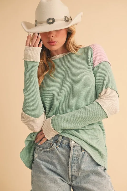 Raw Seam Color Block Round Neck Knit Top