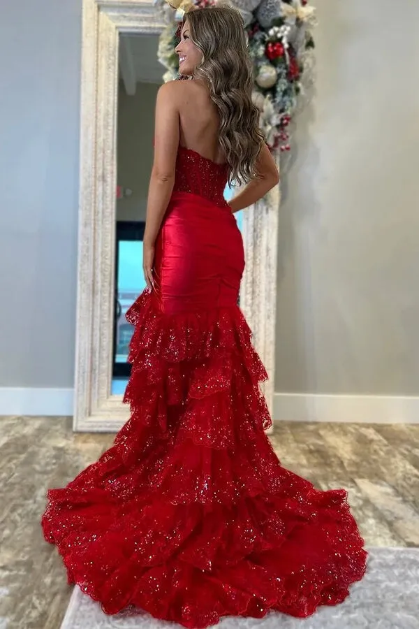 Red Mermaid Strapless Pleated Layered Prom Dresses With Appliques, MP1013