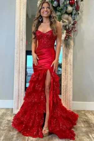 Red Mermaid Strapless Pleated Layered Prom Dresses With Appliques, MP1013