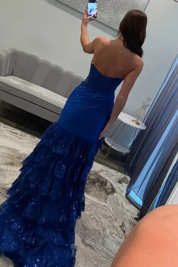Red Mermaid Strapless Pleated Layered Prom Dresses With Appliques, MP1013
