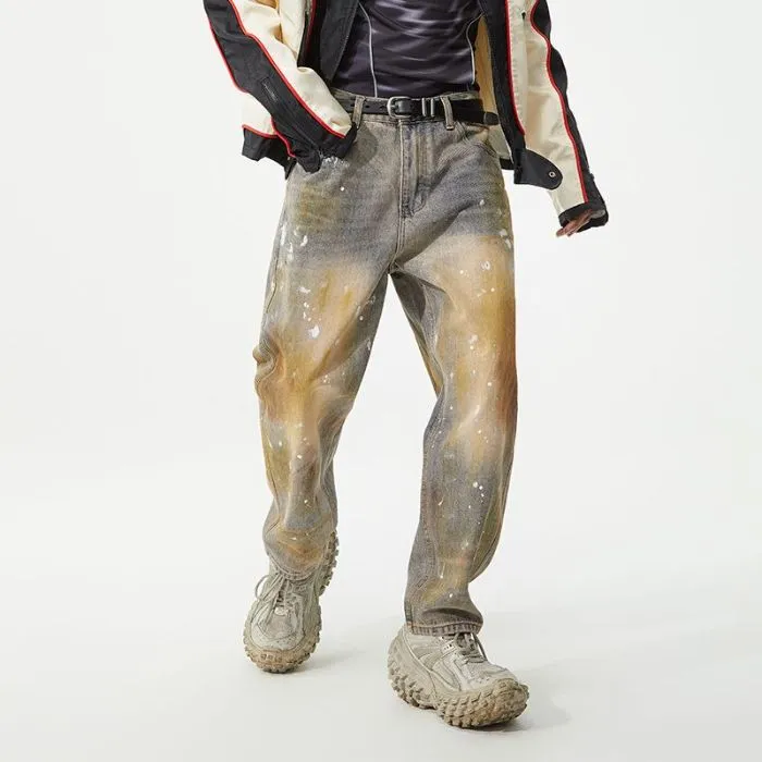 Relaxed Fit Washed Cotton Jeans with Unique Splash Pattern